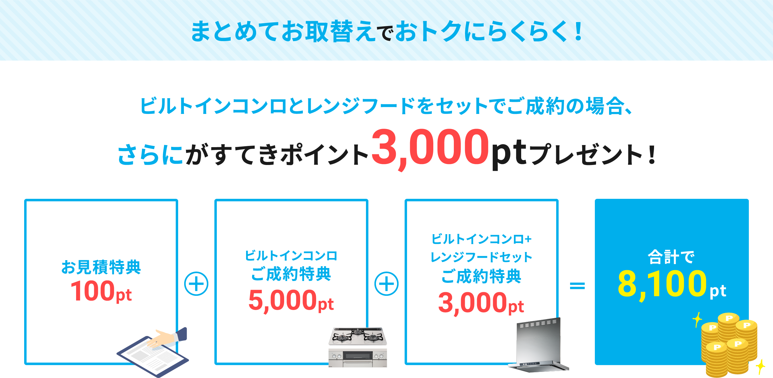 ビルトインコンロとレンジフードもまとめてお取替えでおトクにらくらく! ビルトインコンロとレンジフードをセットでご成約の場合、さらにがすてきポイント3,000ptプレゼント!お見積特典100pt+ビルトインコンロご成約特典5,000pt+ビルトインコンロ+レンジフードセットご成約特典3,000pt=合計で8,100pt