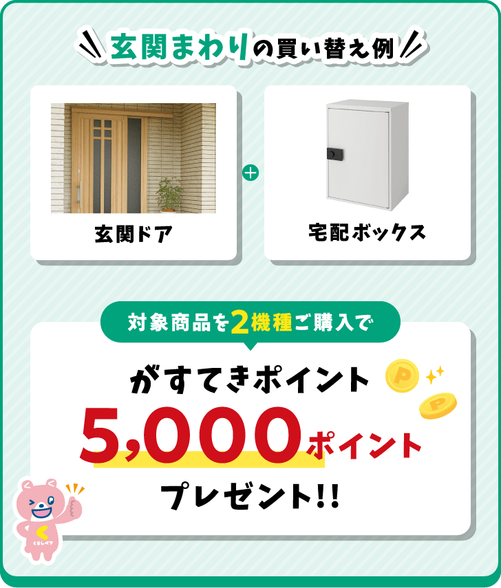 玄関まわりの買い替え例 玄関ドア+宅配ボックス 対象商品を2機種ご購入でがすてきポイント5,000ポイントプレゼント!!