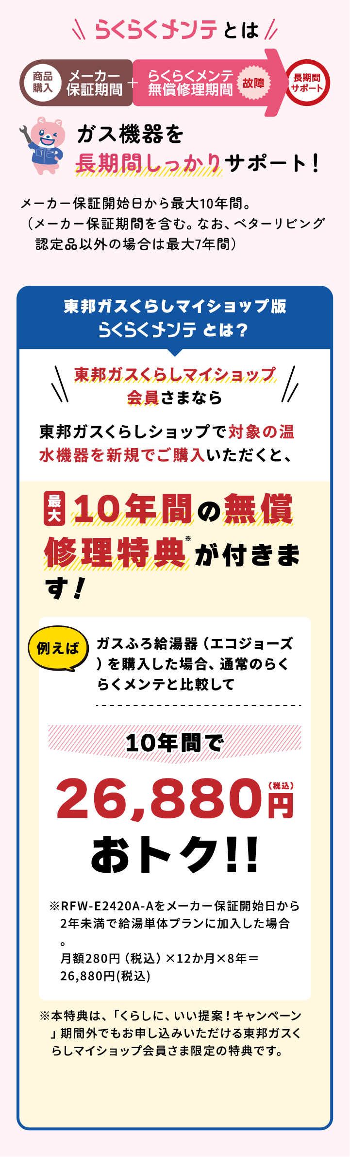 らくらくメンテとは ガス機器を長期間しっかりサポート！メーカー保証開始日から最大10年間。（メーカー保証期間を含む。なお、ベターリビング認定品以外の場合は最大7年間）