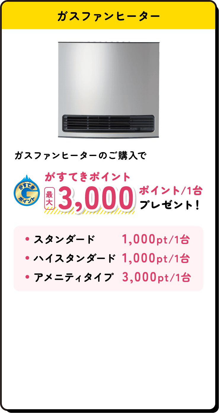 ガスファンヒーター ガスファンヒーターのご購入でがすてきポイント最大3,000ポイント/1台プレゼント！